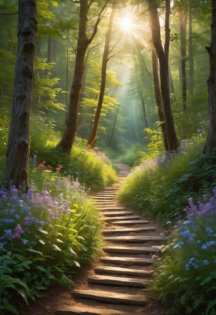 A serene path winding through a lush forest, featuring soft sunlight filtering through the trees, symbolizing hope and resilience. Along the path, delicate wildflowers bloom, representing growth and support for cancer patients and caregivers. In the distance, a gentle light radiates, suggesting guidance and enlightenment. Include subtle elements like diverse individuals walking together, conveying unity and strength. super-realistic. vibrant colors. peaceful ambiance.