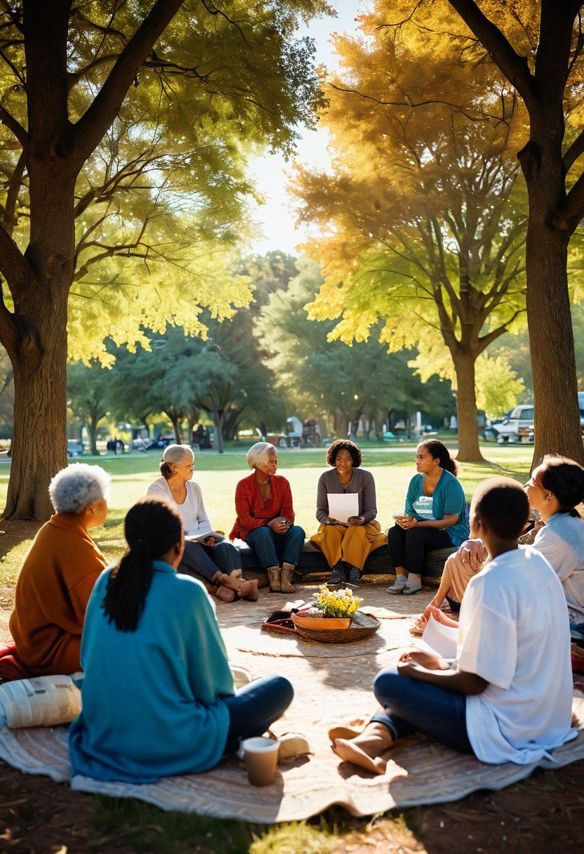 A warm, inviting scene depicting a diverse group of caregivers and survivors sitting together in a circle, sharing stories and support. Include soft sunlight filtering through trees in a park, with elements like a cozy blanket, coffee cups, and a healing support group binder in the foreground. The expressions should reflect empathy and understanding. super-realistic. vibrant colors. soft focus.