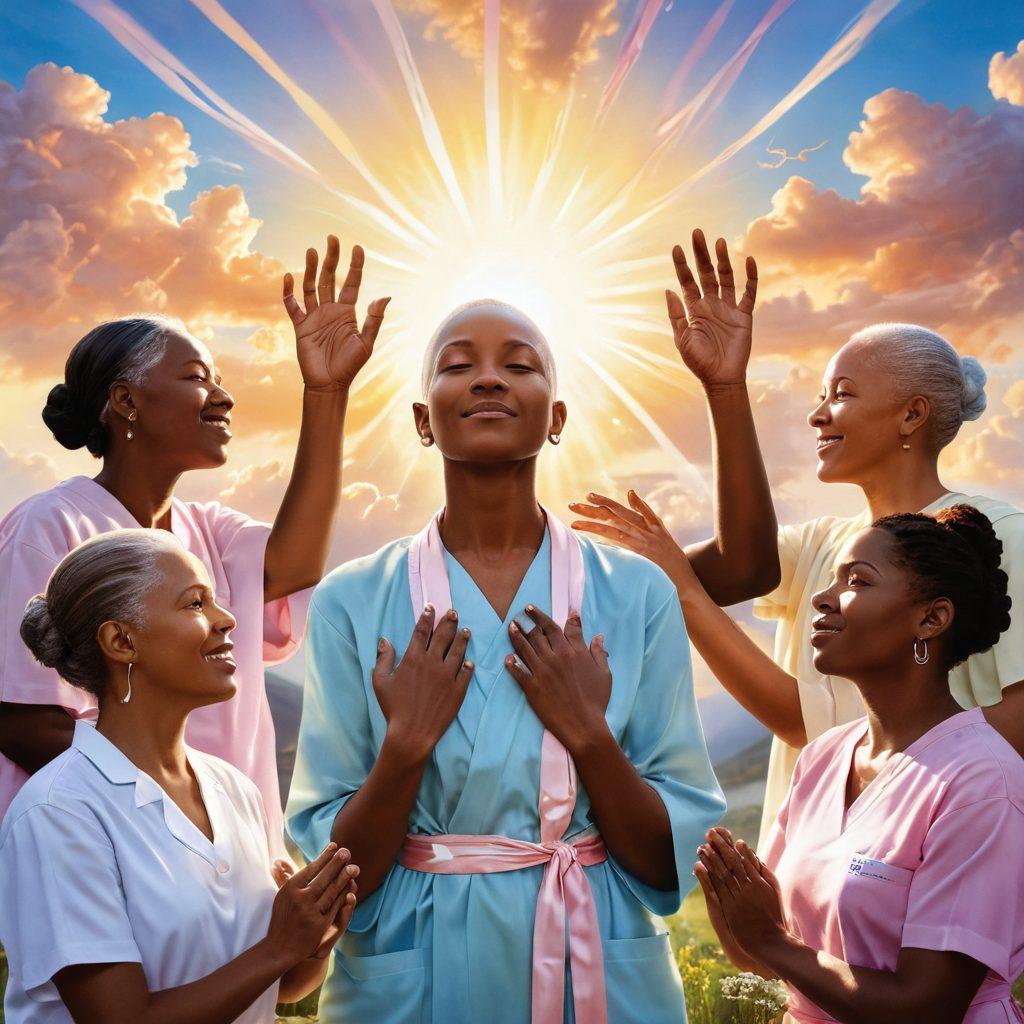 A poignant scene depicting a diverse group of individuals in various stages of cancer care, showcasing both emotional support and medical advocacy. Include symbols of hope like sunlight breaking through clouds, and intertwining hands symbolizing unity. Infuse the background with softly glowing ribbons representing different cancer awareness, blending with elements of nature for healing. super-realistic. vibrant colors. warm tones.
